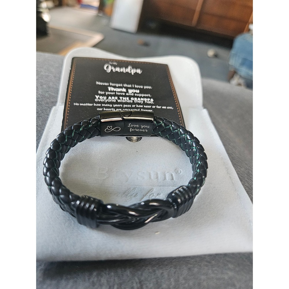 Btysun Mens Braided Leather Infinity Knot Bracelet Grandpa Gift Black Green 7.25